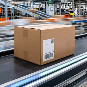 Caja en una banda transportadora, lista para despacharse el mismo día