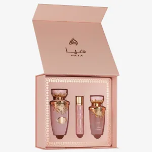 Lattafa Haya 3 Pcs Giftset With 100 ml EDP + 12 ml Travel Spray + 50 ml Hairmist